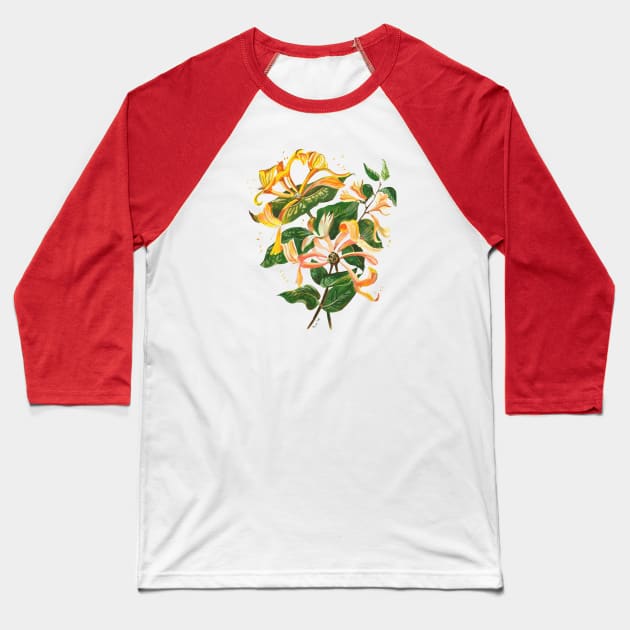 Honeysuckle Botanical Art Cut Out Baseball T-Shirt by taiche